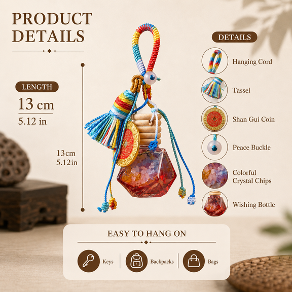 Five Elements crystal wishing bottle charm size and details with tassel, Shan Gui coin and crystal chips