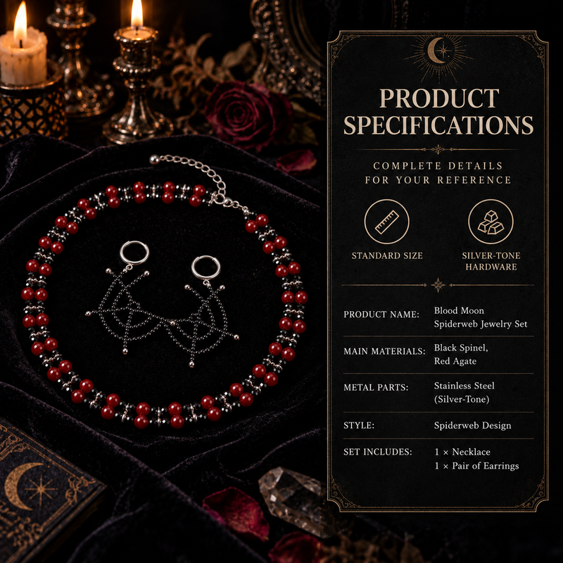 Blood Moon spiderweb jewelry product specifications and material details