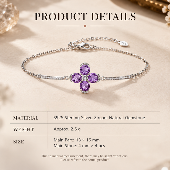 Natural gemstone clover bracelet size and material details