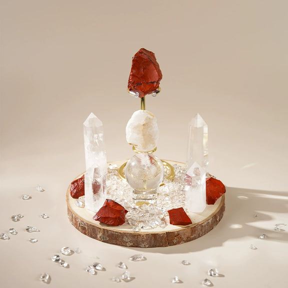 Red Jasper and Clear Quartz crystal grid set with natural wood base