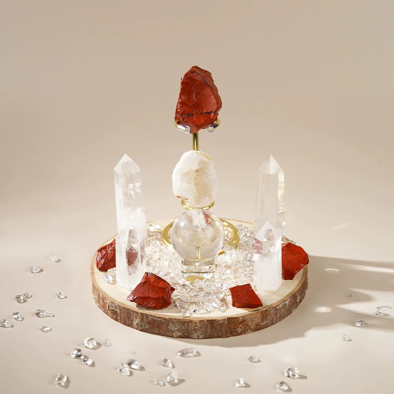 Red Jasper and Clear Quartz crystal grid set with natural wood base