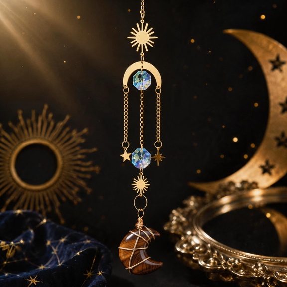 Celestial sun and moon hanging ornament with Tiger’s Eye crescent pendant