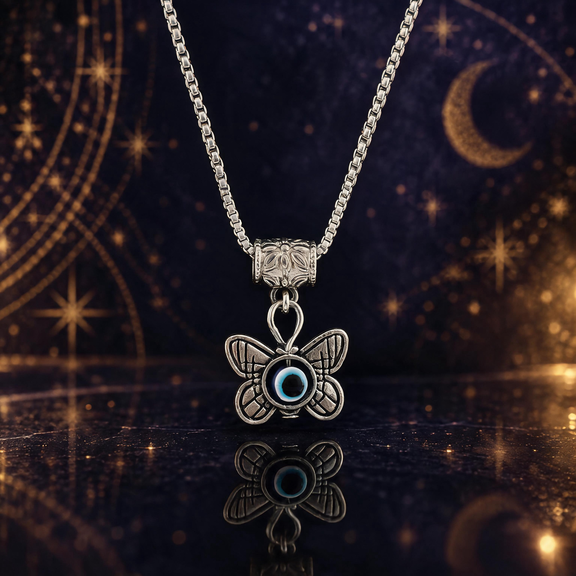 Butterfly evil eye pendant necklace with blue eye centerpiece