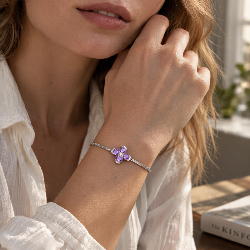 Natural gemstone clover sterling silver bracelet worn on wrist