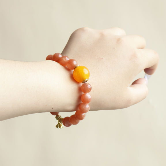 SUNSET AURA Sunstone Moonstone Bracelet Worn on Wrist with Everyday Minimal Style