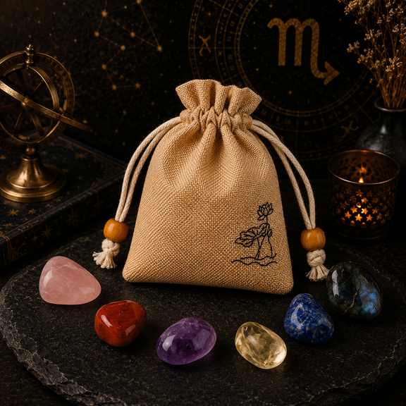 Scorpio zodiac crystal set with natural stones and drawstring pouch