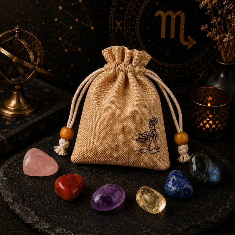 Scorpio zodiac crystal set with natural stones and drawstring pouch