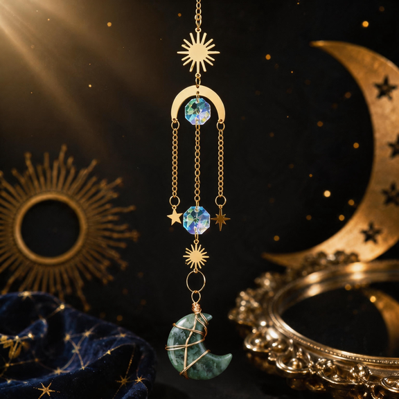 Celestial dreamcatcher-inspired ornament with Moss Agate crescent moon