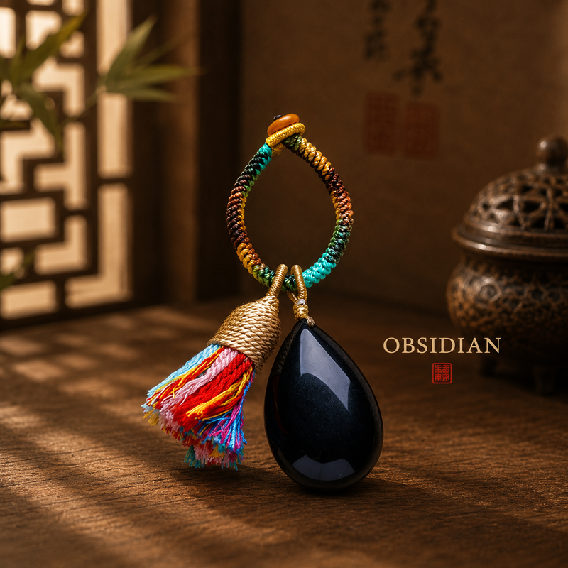 Obsidian crystal tassel bag charm with colorful handwoven cord and teardrop stone