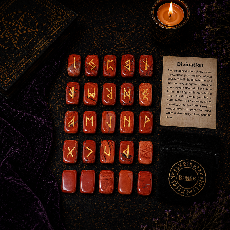 Red Jasper rune stones set for divination with engraved gold symbols and rune pouch