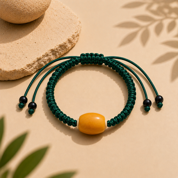 Green woven cord AI companion bracelet with yellow core bead