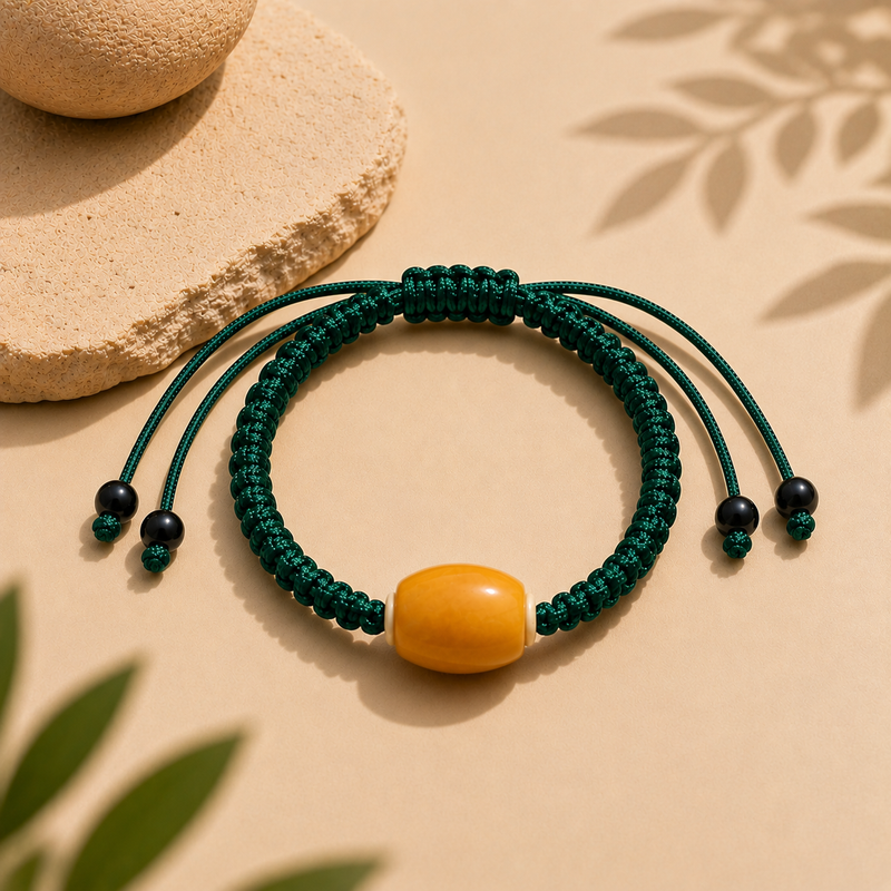 Green woven cord AI companion bracelet with yellow core bead