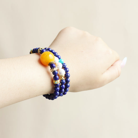 Star Dream bracelet worn on wrist showing natural lapis lazuli beads and stylish everyday crystal jewelry design