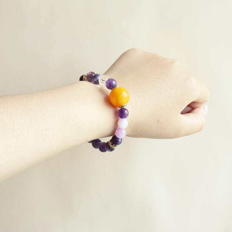 Violet Whisper Amethyst Spodumene Clear Quartz bracelet worn as AI smart crystal jewelry for everyday style