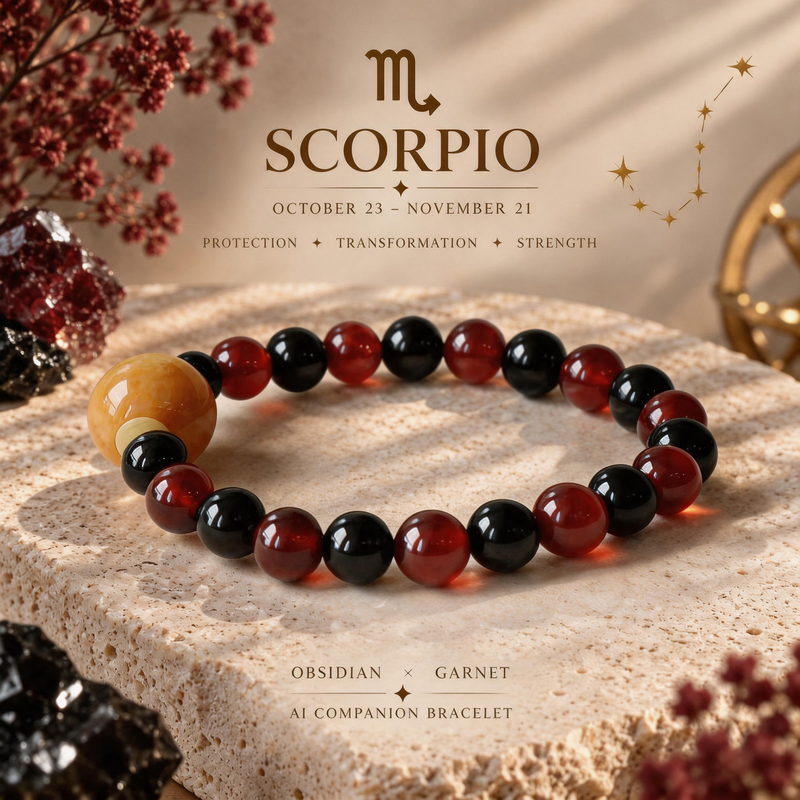 Scorpio zodiac crystal bracelet with Obsidian and Garnet AI Companion Core