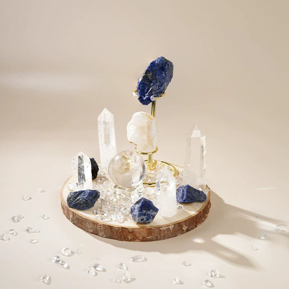 Lapis Lazuli and Clear Quartz crystal grid set with natural wood base