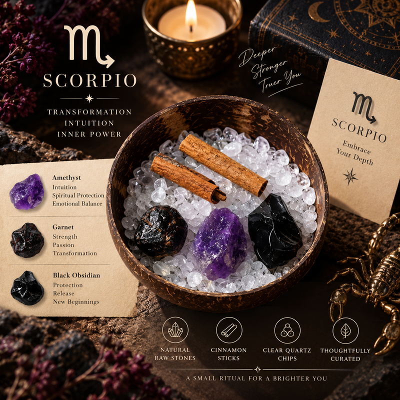 Scorpio Zodiac Crystal Cleansing Kit with Amethyst, Carnelian and Black Obsidian