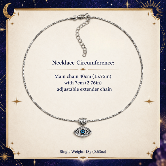 Evil eye necklace size showing 40 cm chain and 7 cm extender