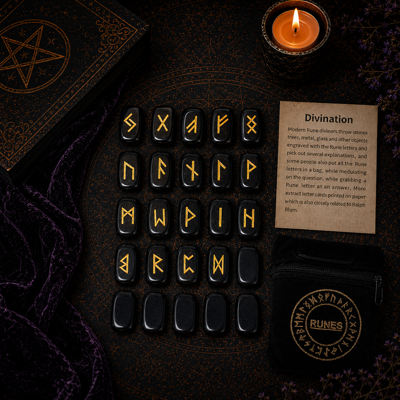Obsidian rune stones set for divination with engraved gold symbols and rune pouch