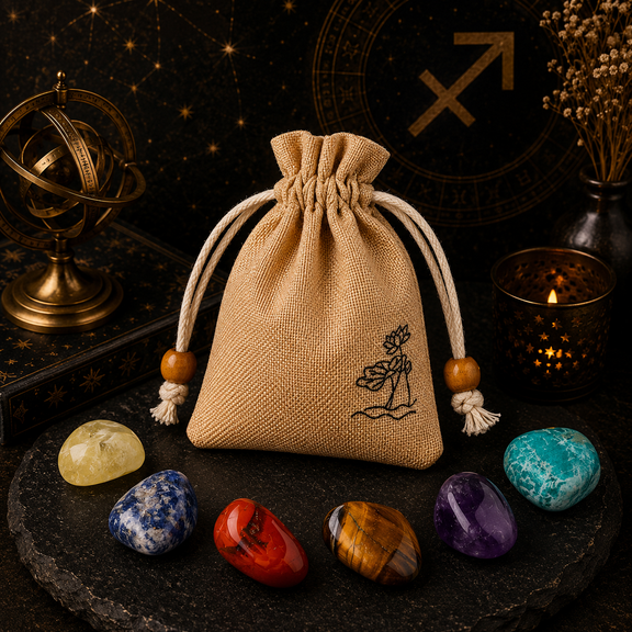 Sagittarius zodiac crystal set with natural stones and drawstring pouch