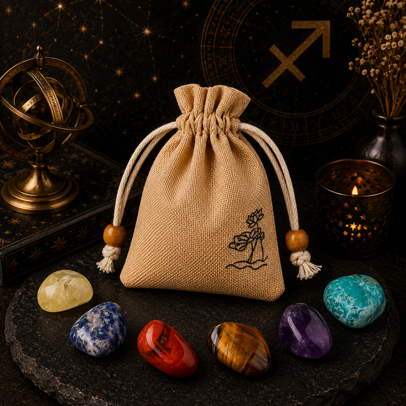Sagittarius zodiac crystal set with natural stones and drawstring pouch