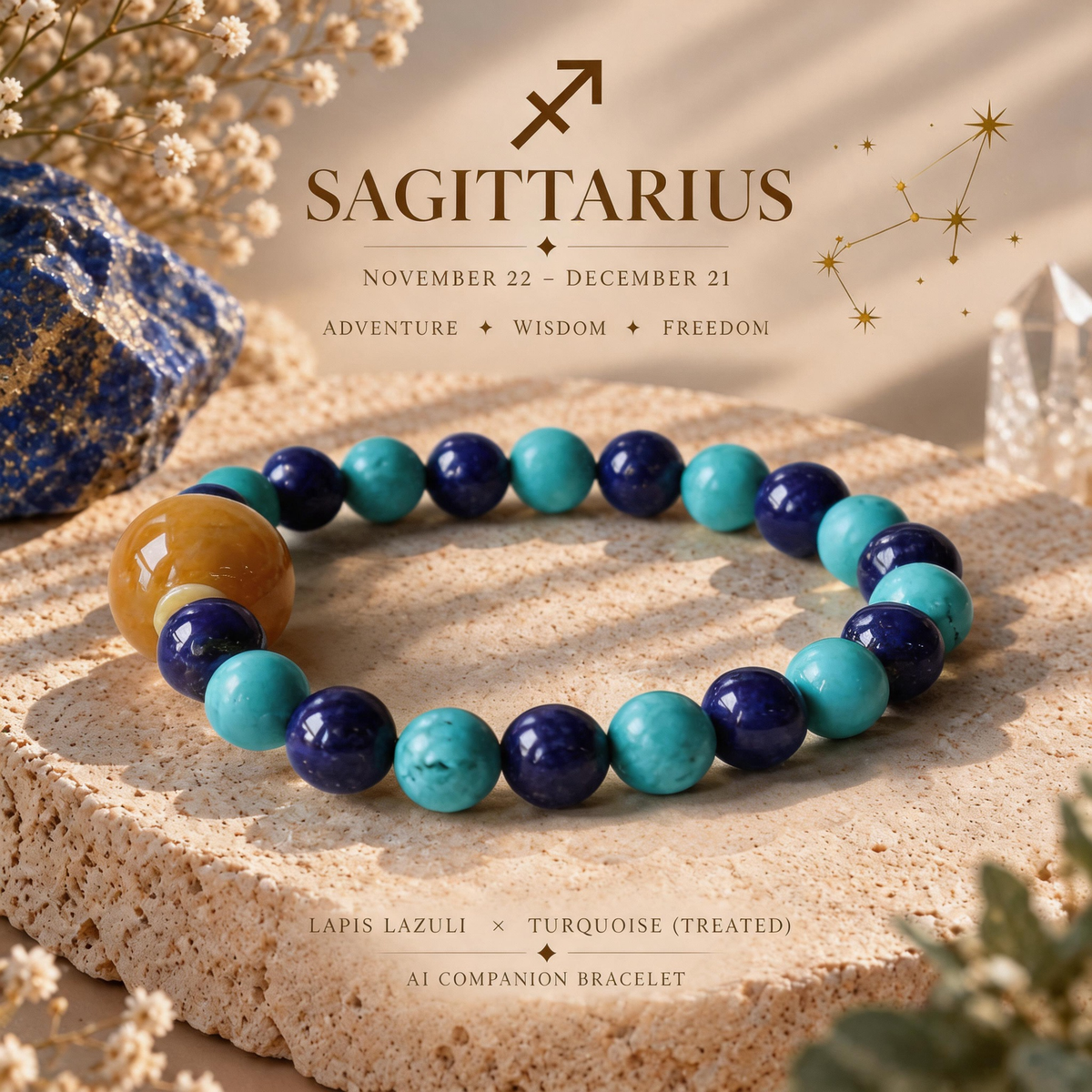 Sagittarius zodiac crystal bracelet with Lapis Lazuli and Treated Turquoise AI Companion Core