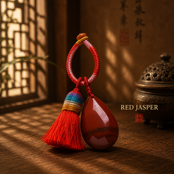 Red Jasper crystal tassel bag charm with colorful handwoven cord and teardrop stone
