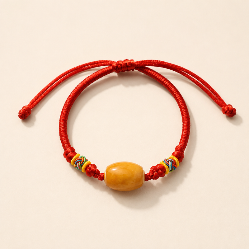 Red adjustable woven cord AI companion bracelet with yellow core bead