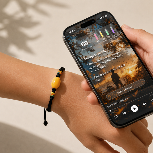 Phone connecting to yellow core bead on AI companion bracelet