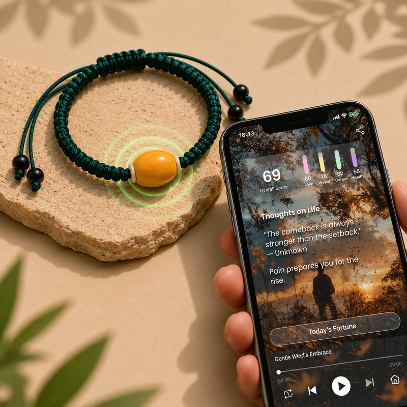 Phone tapping yellow AI core bead on woven cord AI companion bracelet