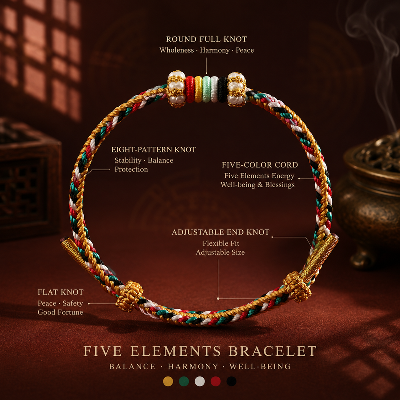 Five Elements bracelet traditional knot and braided cord details