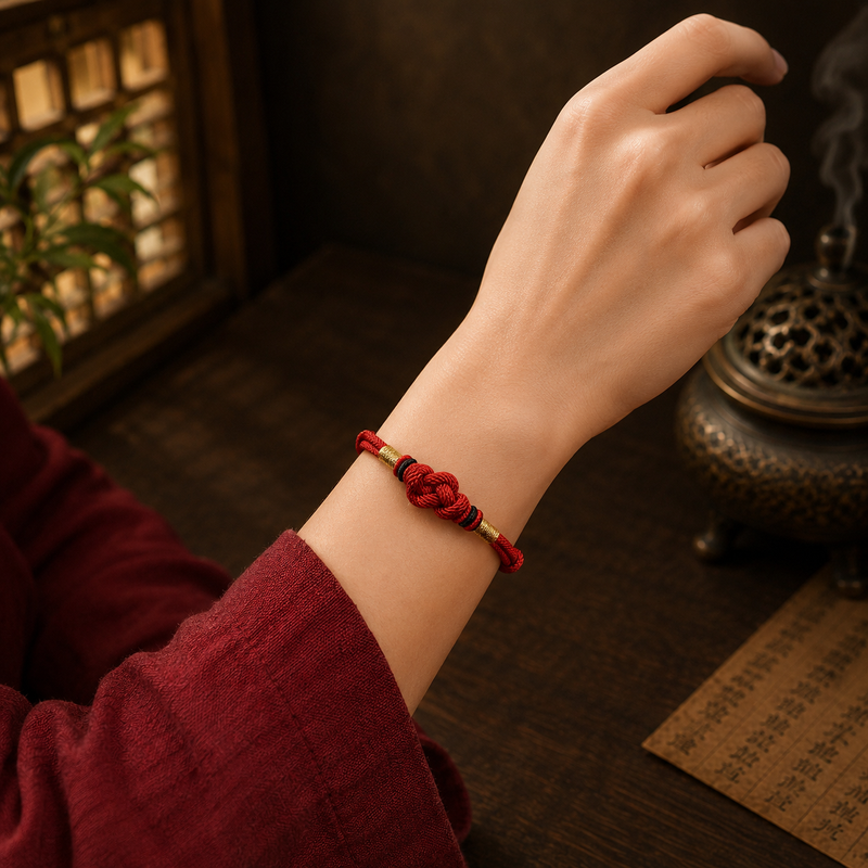 Red Eastern Harmony Ruyi knot cord bracelet without jade worn on wrist