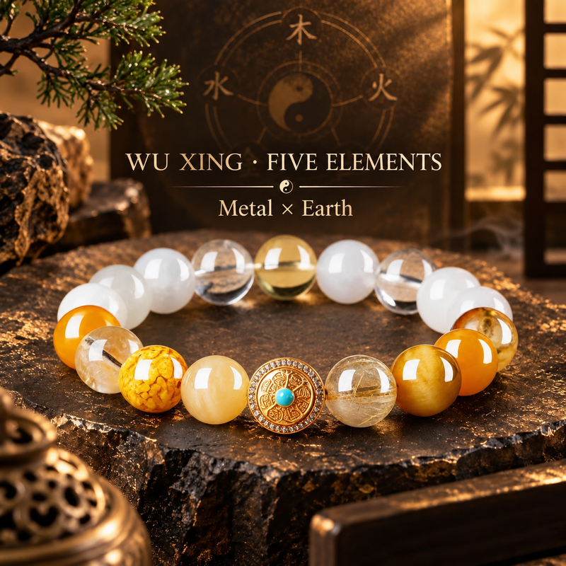 Wu Xing Five Elements crystal bracelet in Metal and Earth pairing