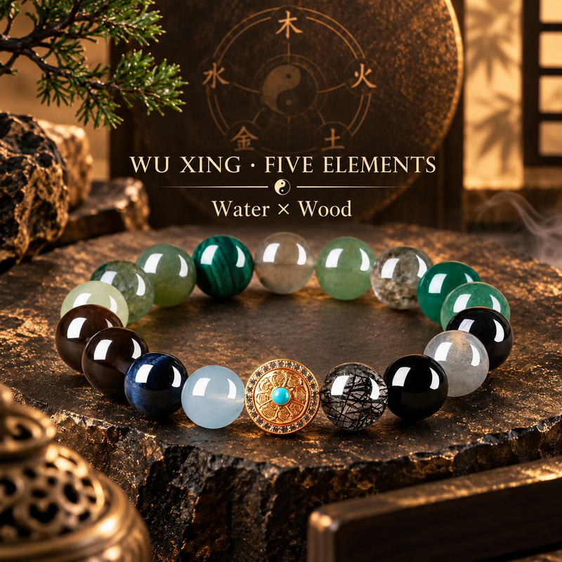 Wu Xing Five Elements crystal bracelet in Water and Wood pairing