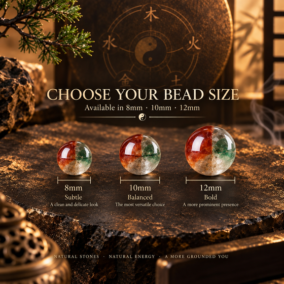 Wu Xing Five Elements bracelet bead size guide with 8mm 10mm and 12mm options