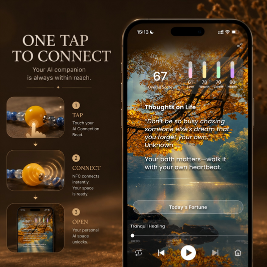 AI companion bracelet NFC connection feature showing one tap access to a personal AI space with crystal energy bracelet
