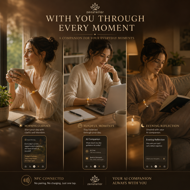 AI companion bracelet for everyday moments featuring mindful guidance, emotional support and crystal bracelet lifestyle