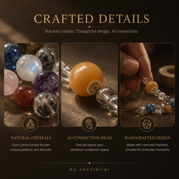 AI companion bracelet crafted with natural crystals, NFC connection bead and thoughtful handmade design details