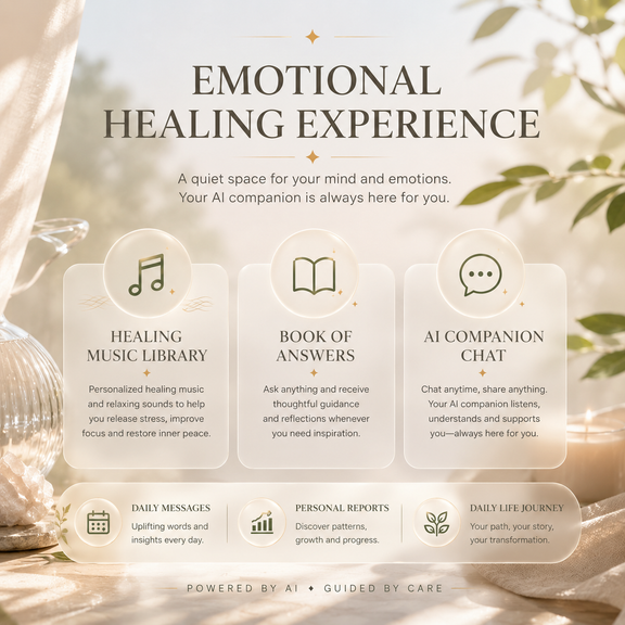 Emotional healing AI companion bracelet experience with healing music, answer book, daily messages and AI chat features