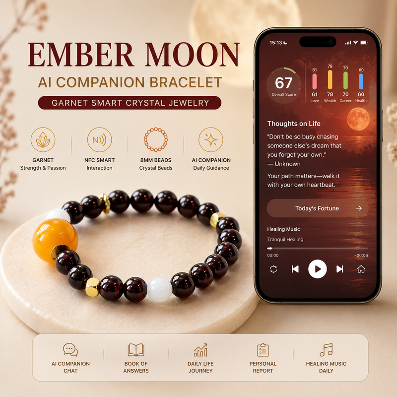 Ember Moon AI Companion Bracelet with Garnet Moonstone crystal beads NFC smart jewelry and personalized AI experience