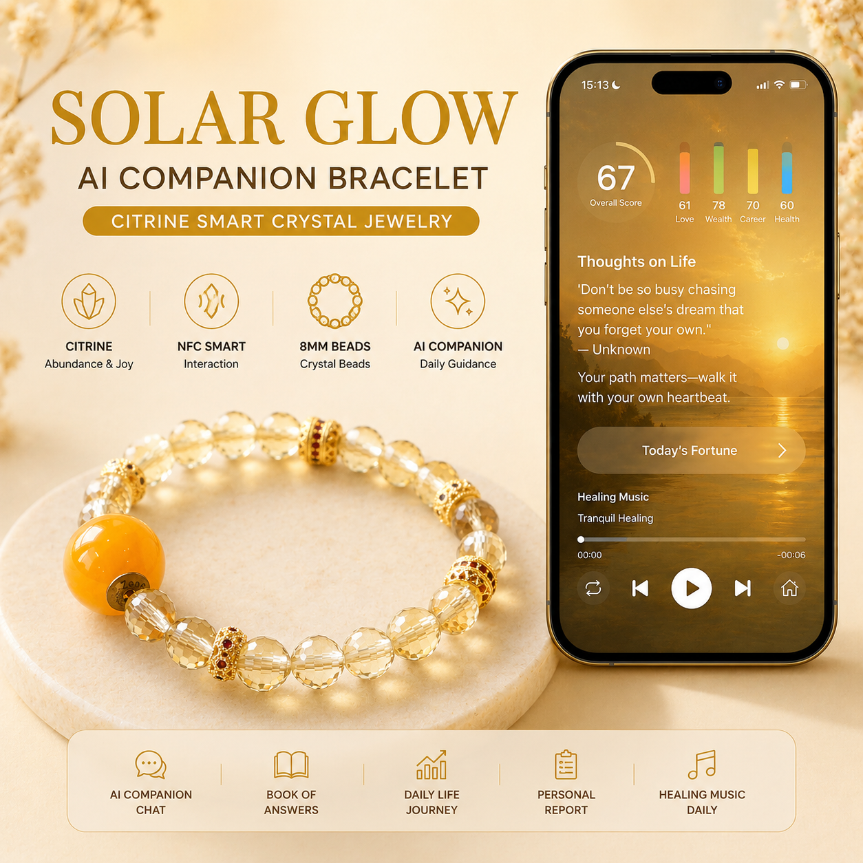 Solar Glow Citrine AI Companion Bracelet with NFC Smart Interaction and Personalized AI Experience