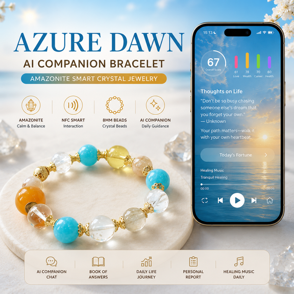 Azure Dawn AI Companion Bracelet with Amazonite Yellow Tower Crystal Citrine Clear Quartz Azeztulite and Golden Rutilated Quartz featuring NFC smart crystal jewelry experience