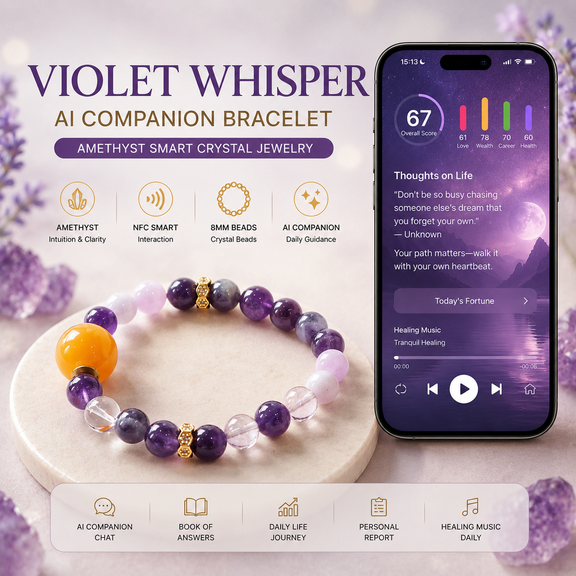 Violet Whisper AI Companion Bracelet with Amethyst Spodumene and Clear Quartz smart crystal jewelry featuring NFC interaction and personalized AI guidance