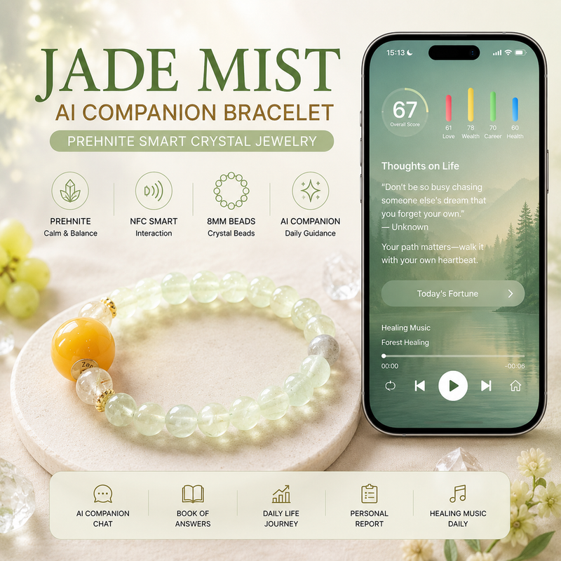 Jade Mist AI Companion Bracelet with Prehnite, Golden Rutilated Quartz and Moonstone, NFC smart crystal jewelry with AI companion features