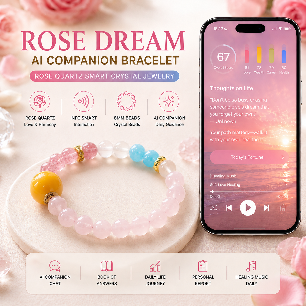 Rose Dream AI Companion Bracelet with Rose Quartz Strawberry Quartz Snowflake Phantom and Blue Chalcedony crystals featuring NFC smart interaction