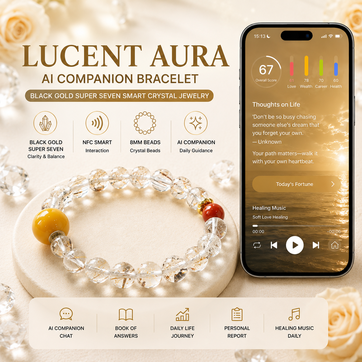 Lucent Aura AI Companion Bracelet with Black Gold Super Seven and Red Agate crystals featuring NFC smart interaction
