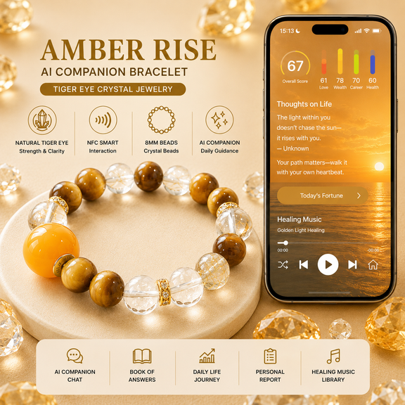 Amber Rise AI Companion Bracelet with Golden Tiger Eye Clear Quartz Azeztulite and Golden Rutilated Quartz featuring NFC smart interaction