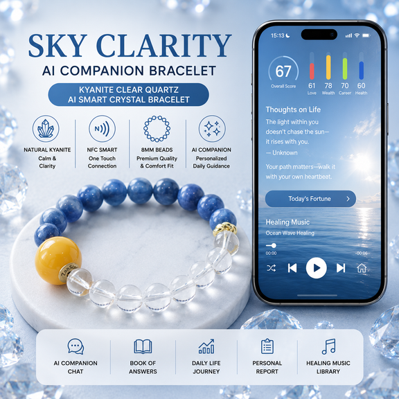 Sky Clarity AI Companion Bracelet with Kyanite and Clear Quartz featuring NFC smart interaction and personalized daily guidance