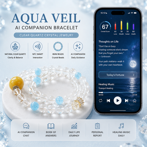 Aqua Veil AI Companion Bracelet with clear quartz crystal beads, blue chalcedony accents and NFC smart interaction display