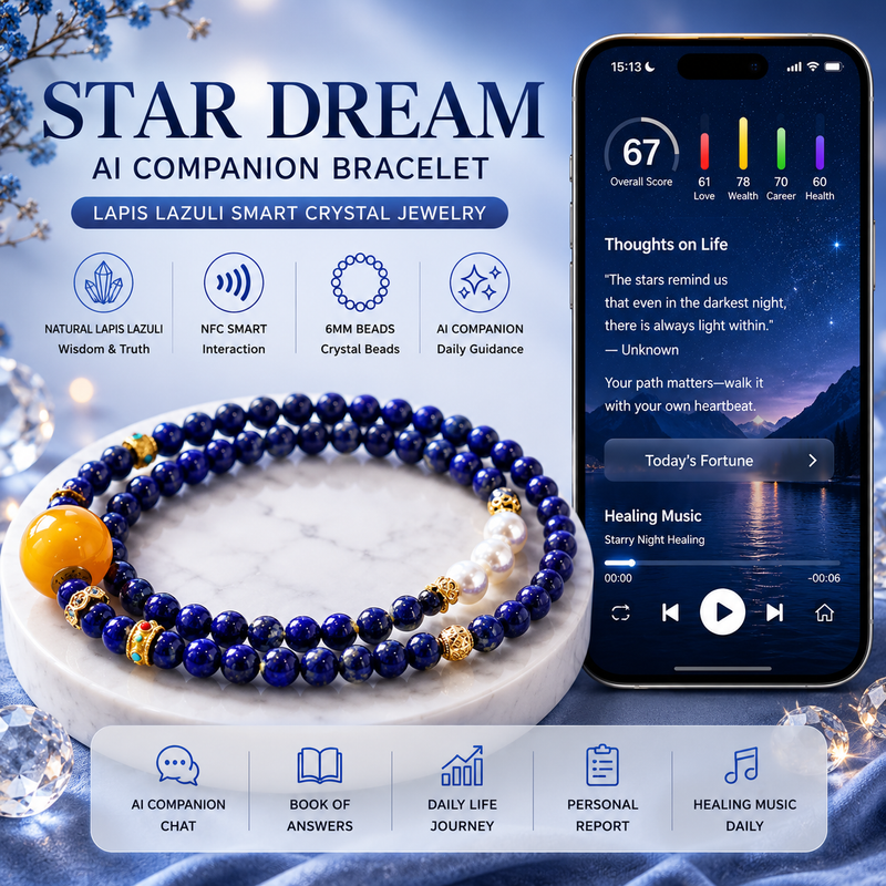 Star Dream AI Companion Bracelet with lapis lazuli crystal beads, NFC smart interaction and personalized daily guidance display